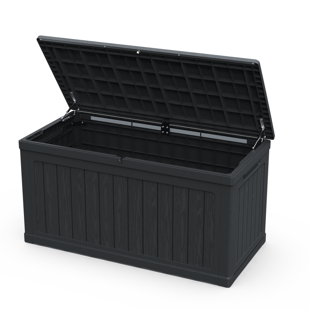Anthony & Home 230-gallon weatherproof deck box for outdoor storage, featuring a spacious, durable design for garden organization.