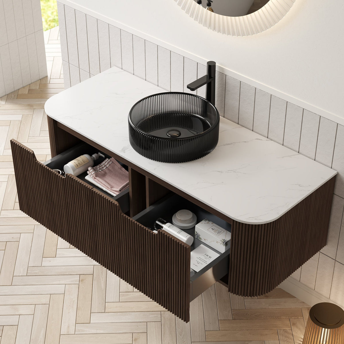 Dina wall-mounted bathroom vanity in dark walnut woodgrain with sleek modern design and integrated countertop storage.