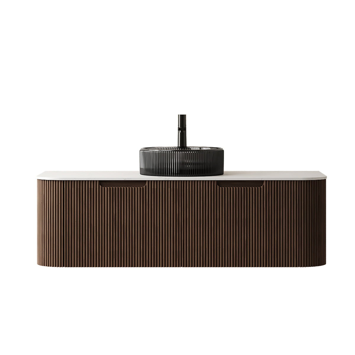 Dina wall-mounted bathroom vanity in dark walnut woodgrain with sleek modern design and storage drawers by Anthony & Home