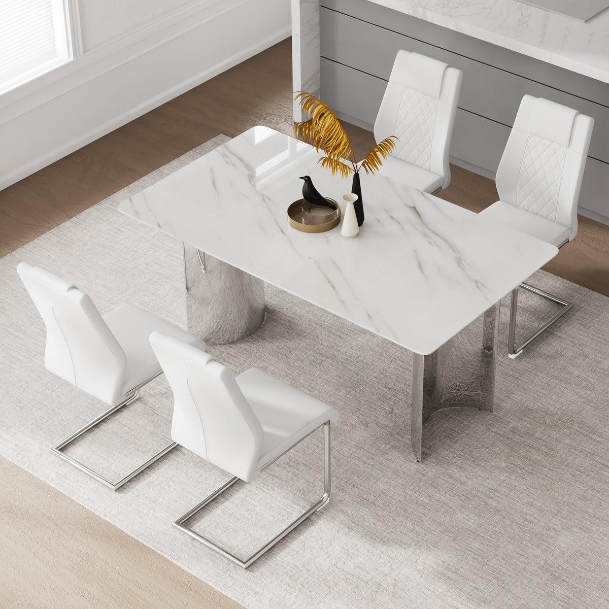 Anthony & Home dining table and chairs set with marble glass top and stainless steel legs, limited release indoor furniture.