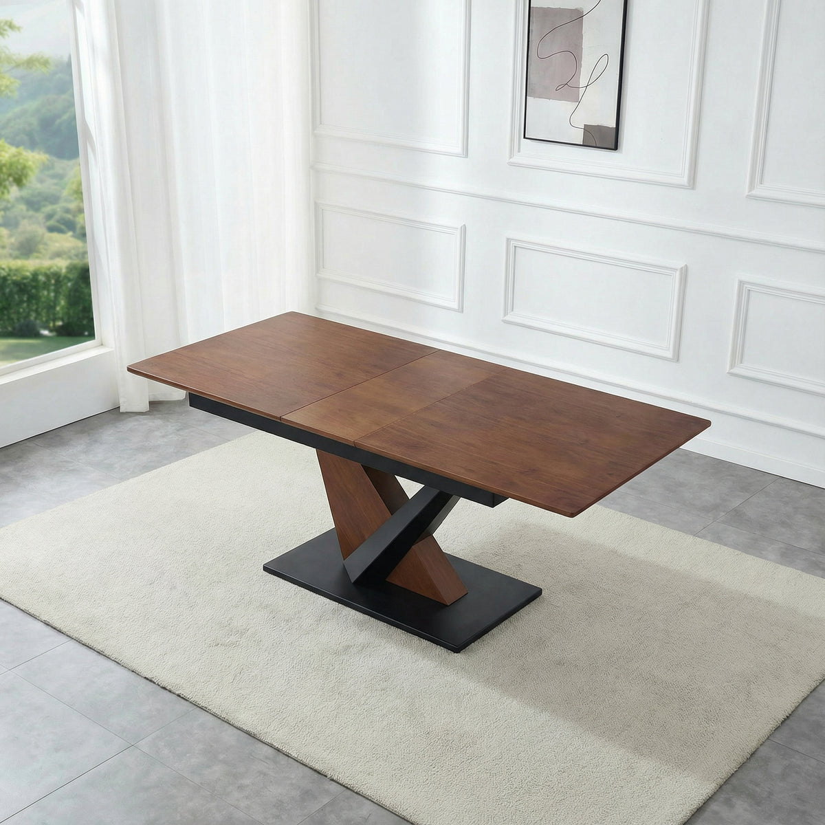 Anthony & Home dark walnut dining table with a marble veneer top, modern studio-style design.