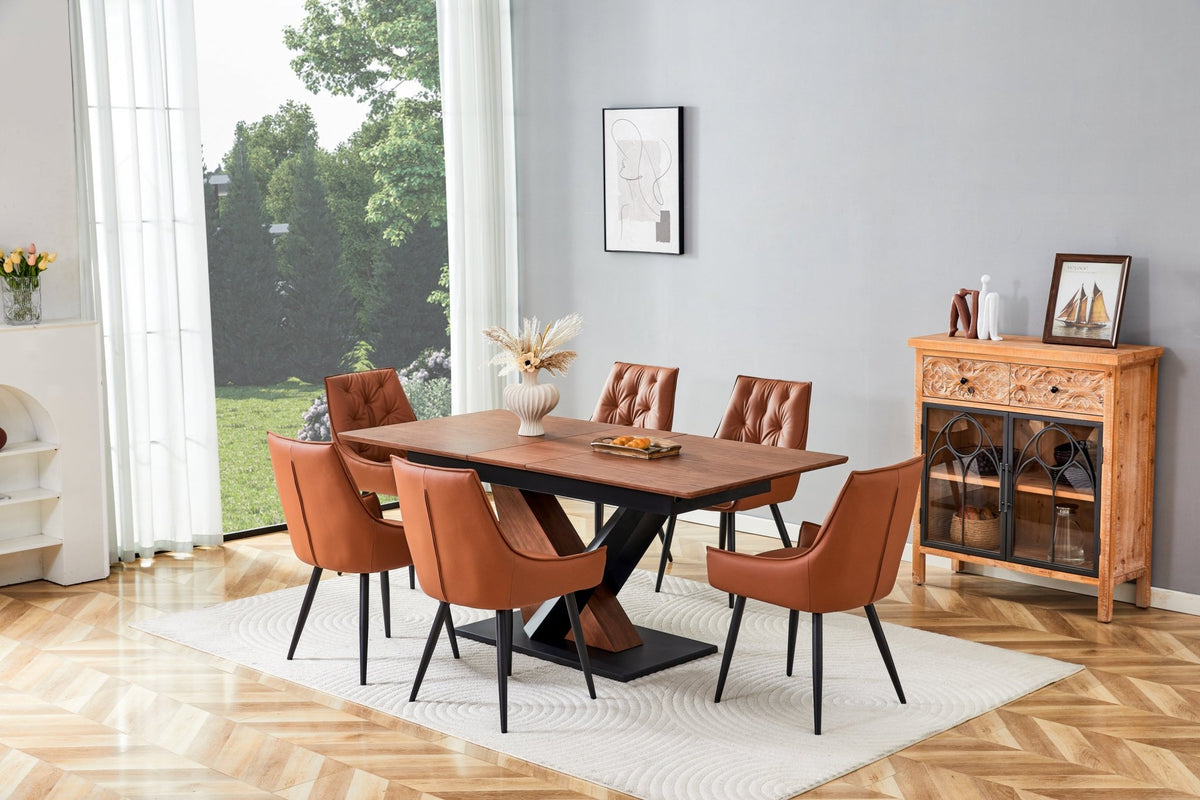 Dark walnut dining table with marble veneer top from Anthony & Home, showcasing a sleek, modern design for contemporary dining spaces.