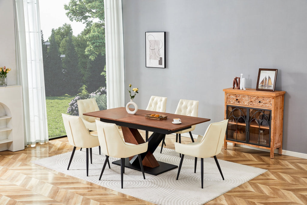 Dark walnut dining table with marble veneer top by Anthony & Home, showcasing a sleek modern design and sturdy wood construction.