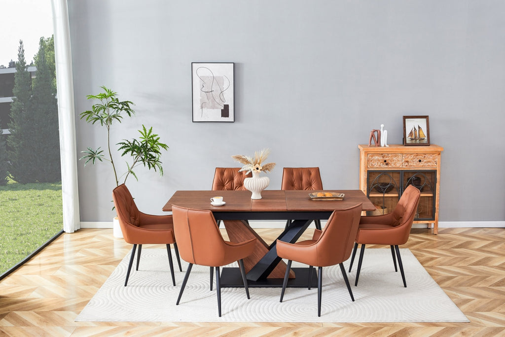 Dark walnut dining table with marble veneer top by Anthony & Home, showcasing a sleek, modern design in a studio setting.