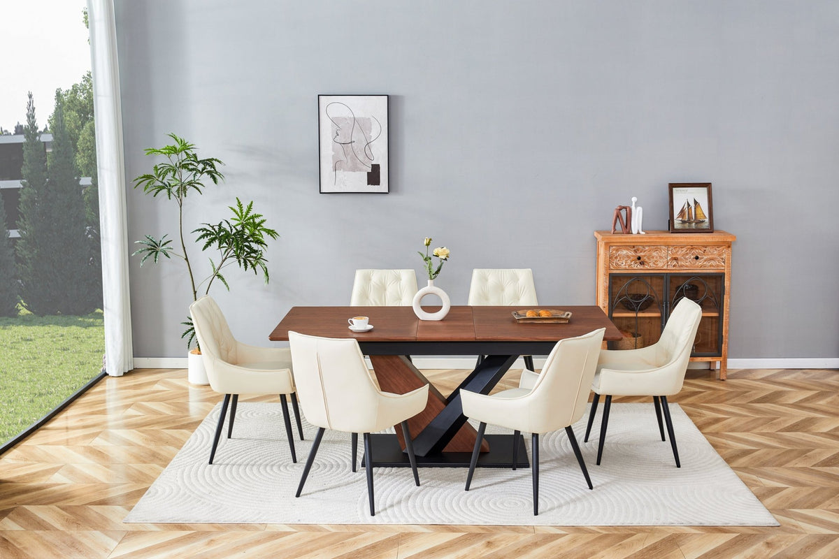 Dark walnut dining table with marble veneer top from Anthony & Home, showcasing a sleek and modern design.