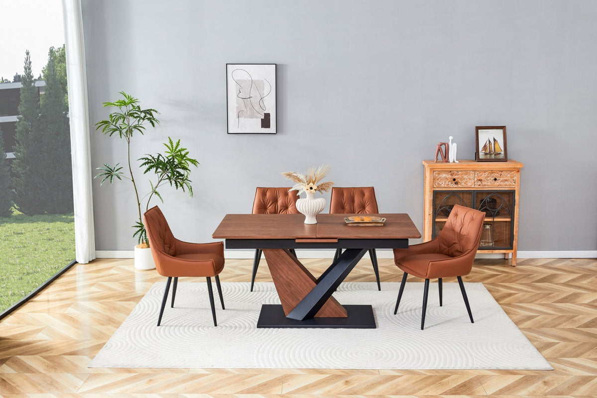 Dark walnut dining table with marble veneer top by Anthony & Home, showcasing a stylish and modern kitchen or dining room setup.
