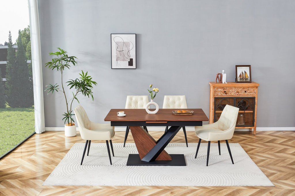 Dark walnut dining table with marble veneer top from Anthony & Home, showcasing a sleek, modern design in a studio setting.