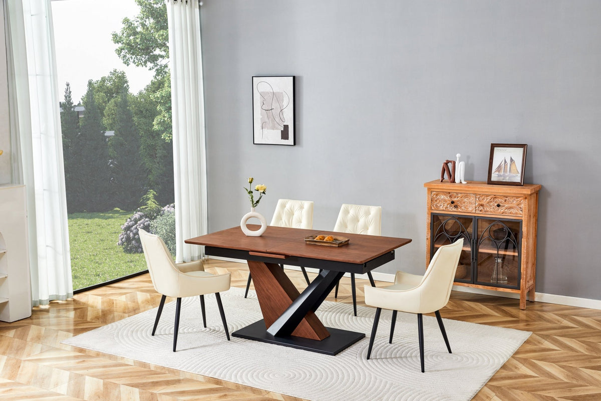 Dark walnut dining table with marble veneer top by Anthony & Home, showcasing a sleek, modern design for stylish dining spaces.