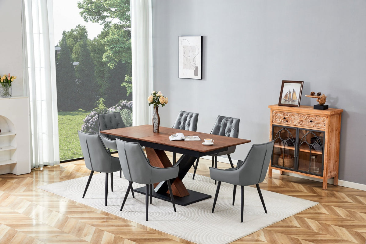 Dark walnut dining table with marble veneer top by Anthony & Home, showcasing a sleek, modern design in a studio setting.