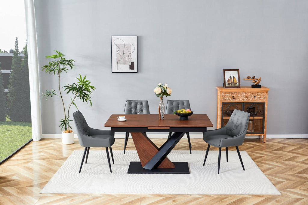 Dark walnut dining table with marble veneer top, modern studio style from Anthony & Home, showcasing the elegant surface and sturdy legs.