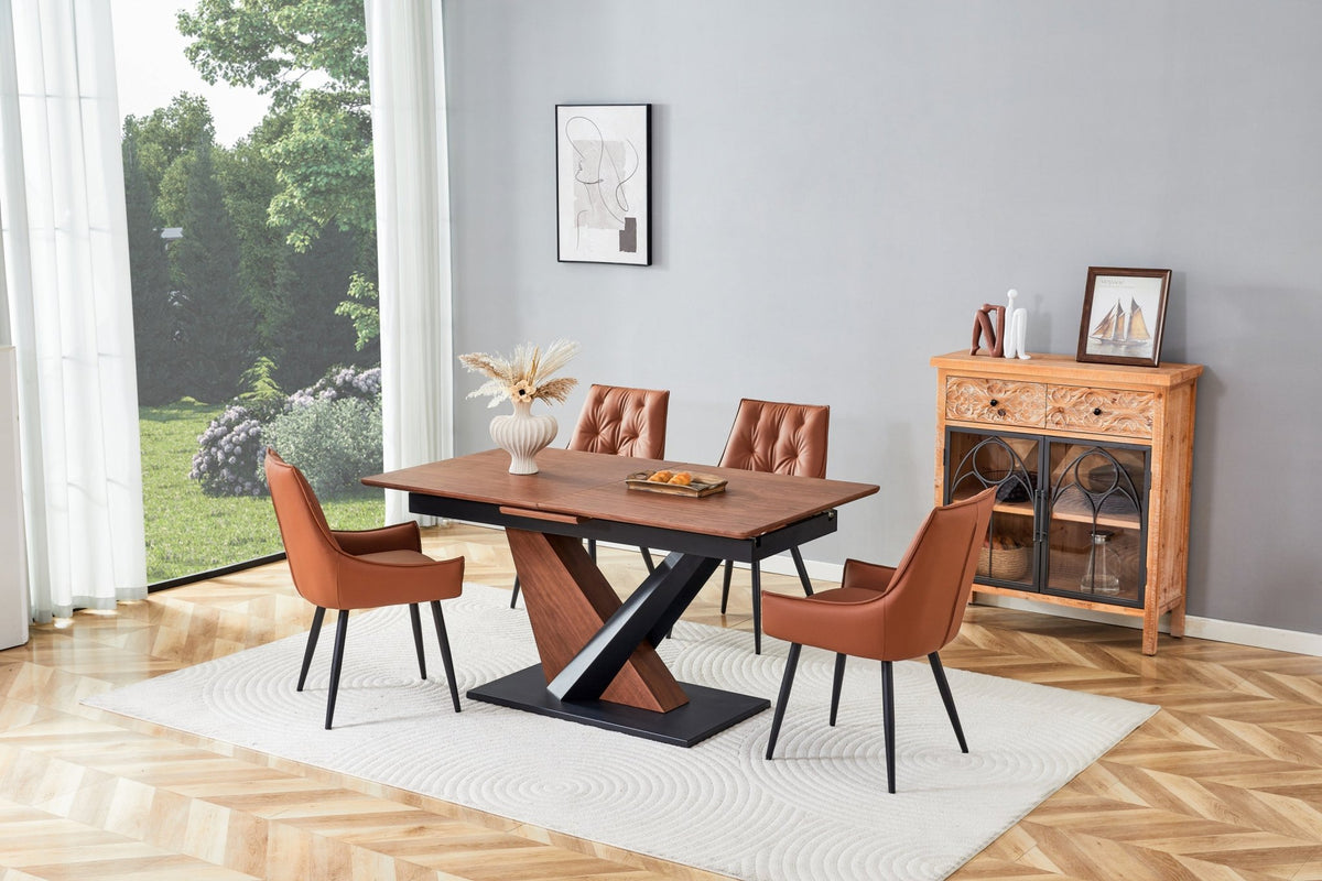 Anthony & Home dark walnut dining table with marble veneer top, modern studio style, showcasing a sleek and elegant surface.