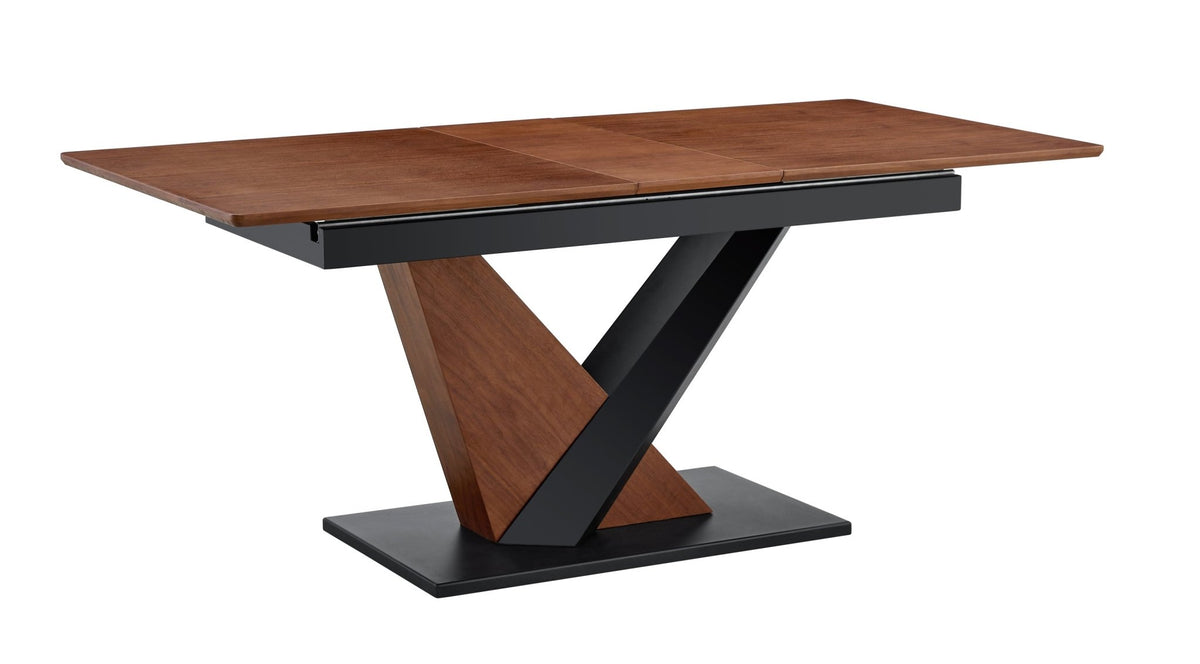 Dark walnut dining table with marble veneer top by Anthony & Home, showcasing a sleek, modern design and sturdy wood legs.