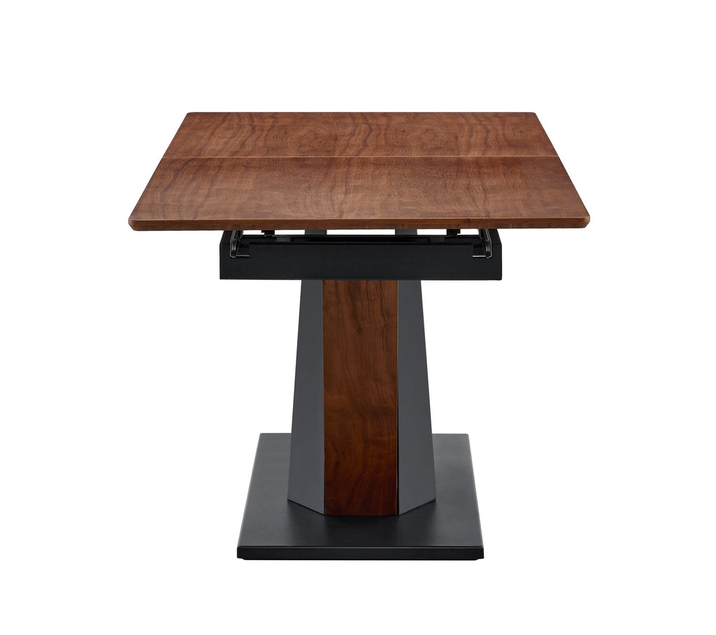 Dark walnut dining table with marble veneer top by Anthony & Home, showcasing a sleek, modern design in a studio setting.