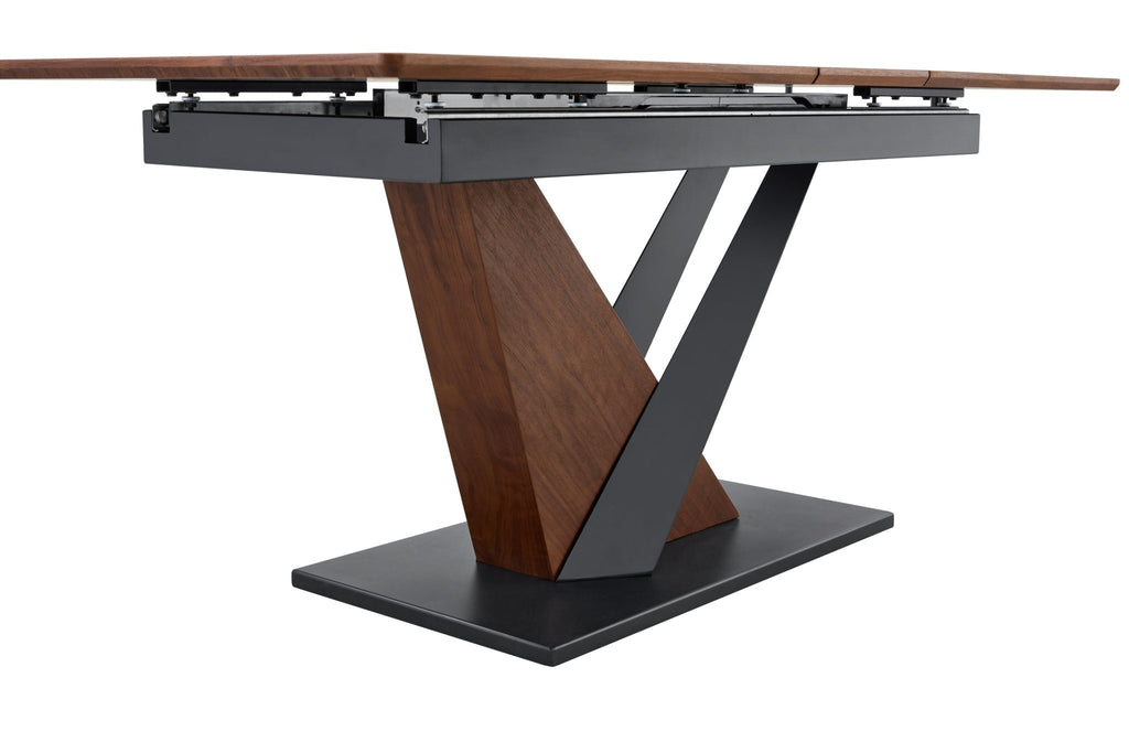 Dark walnut dining table with marble veneer top from Anthony & Home, showcasing a modern, elegant design for dining rooms.