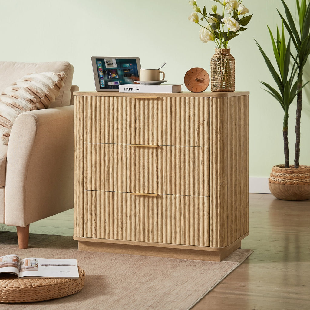 Anthony & Home Drasser Oak Curved Wave Dresser with three drawers in a natural oak finish, showcasing smooth curved design and wood grain.
