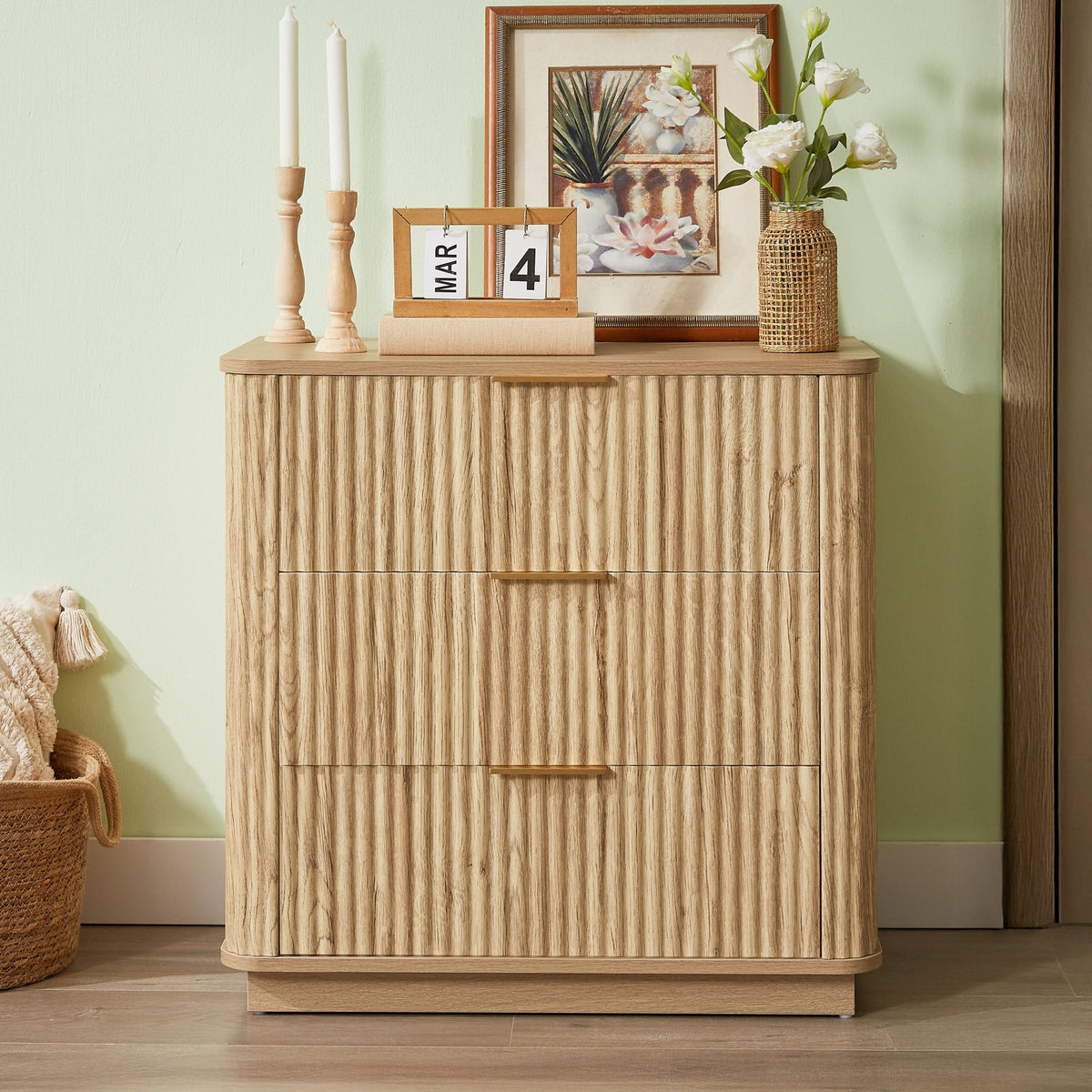 Anthony & Home Drasser Oak Curved Wave Dresser with three drawers and oak finish in Signature Exclusive Collection.