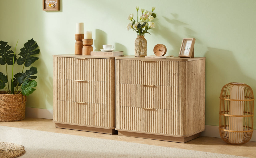 Anthony & Home Drasser Oak Curved Wave Dresser with three drawers in a natural oak finish, part of the Signature Exclusive Collection.