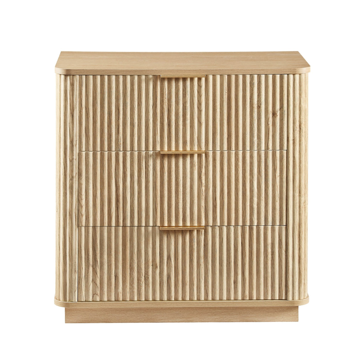 Anthony & Home Drasser Oak Curved Wave Dresser with three drawers in a warm oak finish, showcasing elegant curved design and smooth surface.