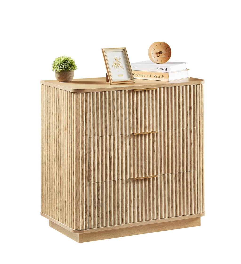 Anthony & Home Drasser Oak Dresser Set with three drawers in a two-piece design, showcasing natural wood finish and sleek hardware.