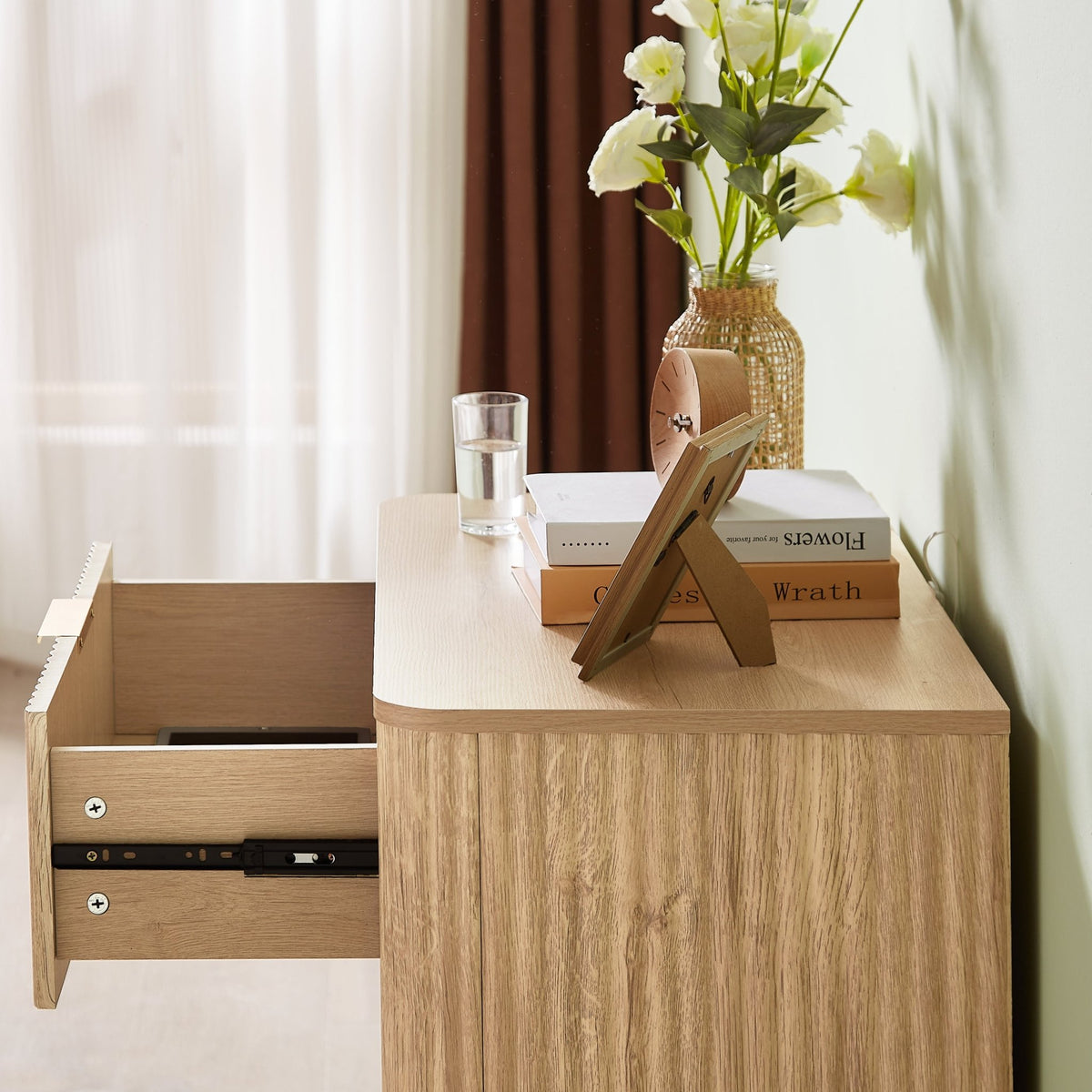 Anthony & Home Drasser Oak Dresser Set with three drawers, featuring a sleek two-piece design and modern wood finish.
