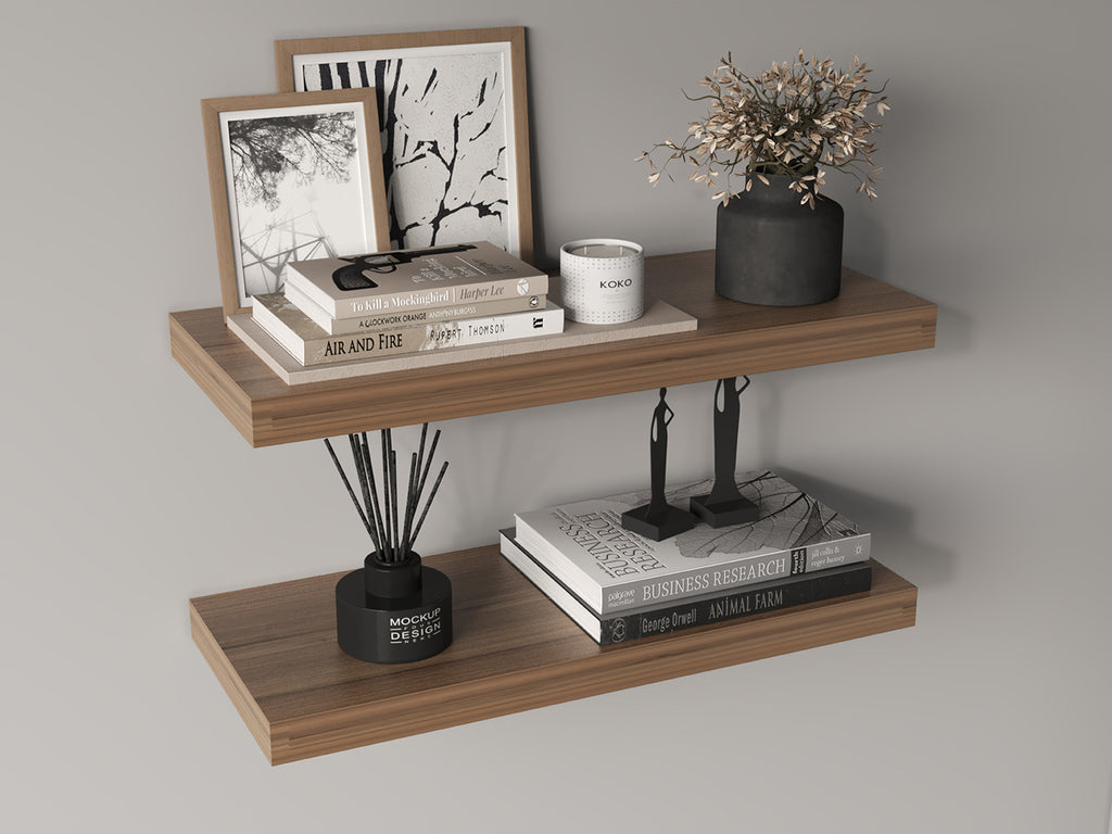 Pair of Ecco Atelier floating shelves from Anthony & Home, sleek wooden wall-mounted storage and display units.
