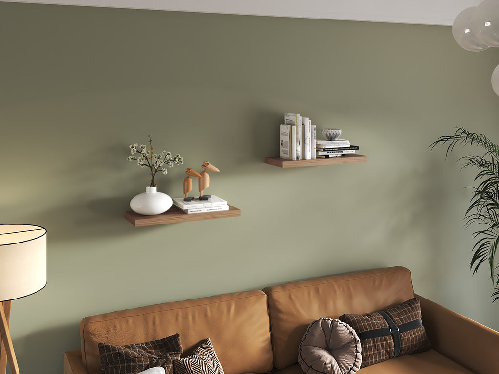 Set of two Ecco Atelier floating shelves by Anthony & Home, showcasing sleek wooden wall-mounted storage.