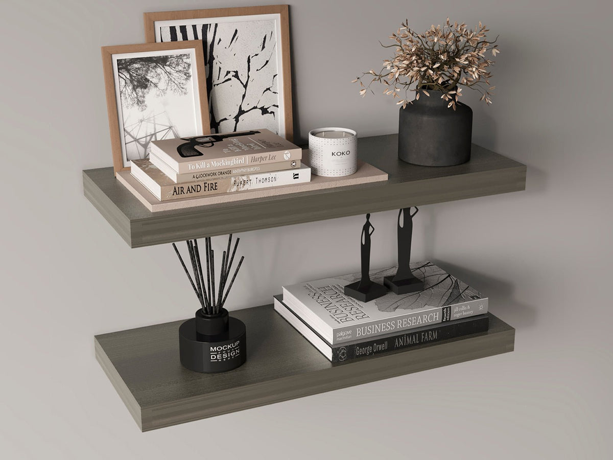 Ecco Olive Finish Floating Shelves 2 Pack by Anthony & Home, showing sleek wall-mounted shelves with olive-toned finish.