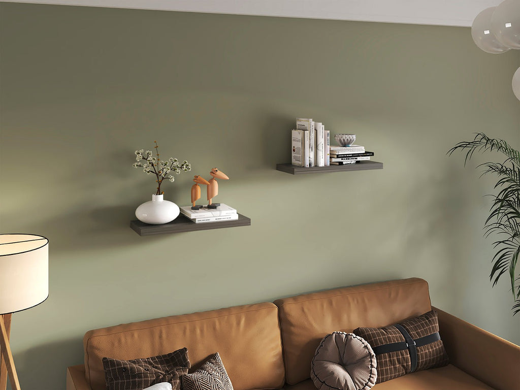 Ecco Olive Finish Floating Shelves 2 Pack by Anthony & Home, showcasing sleek wall-mounted design with olive-colored finish.