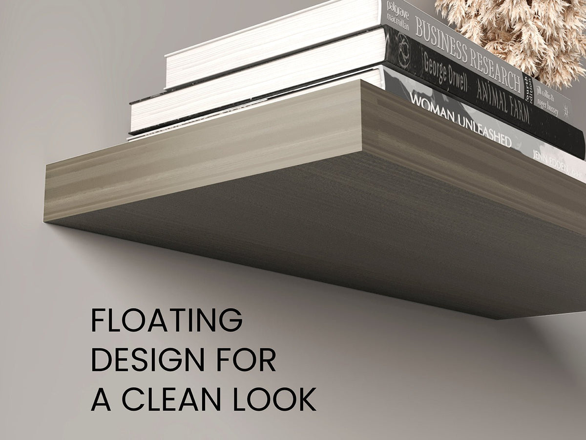 Ecco Olive Finish Floating Shelves 2 Pack from Anthony & Home, showcasing sleek, olive-colored wood shelves mounted on a wall.