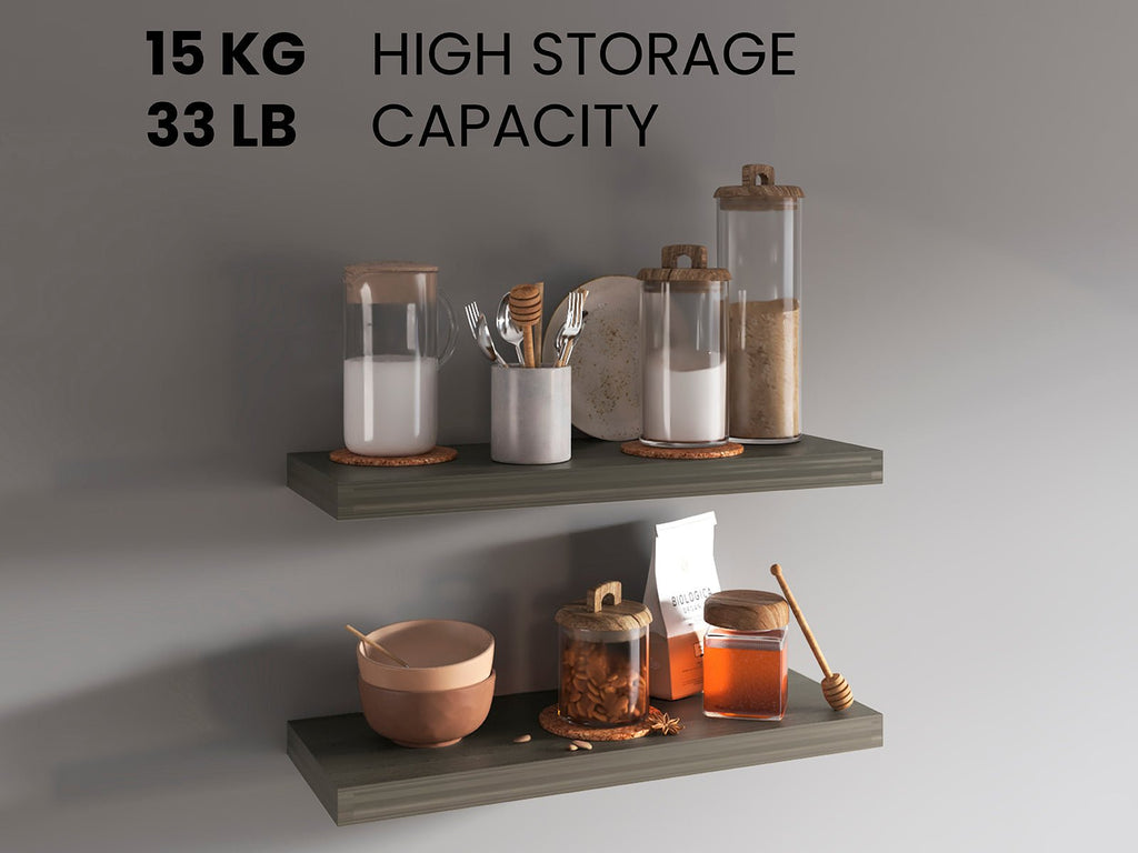 Ecco Olive Finish Floating Shelves 2 Pack by Anthony & Home mounted on wall, showcasing sleek, modern design and smooth olive finish.