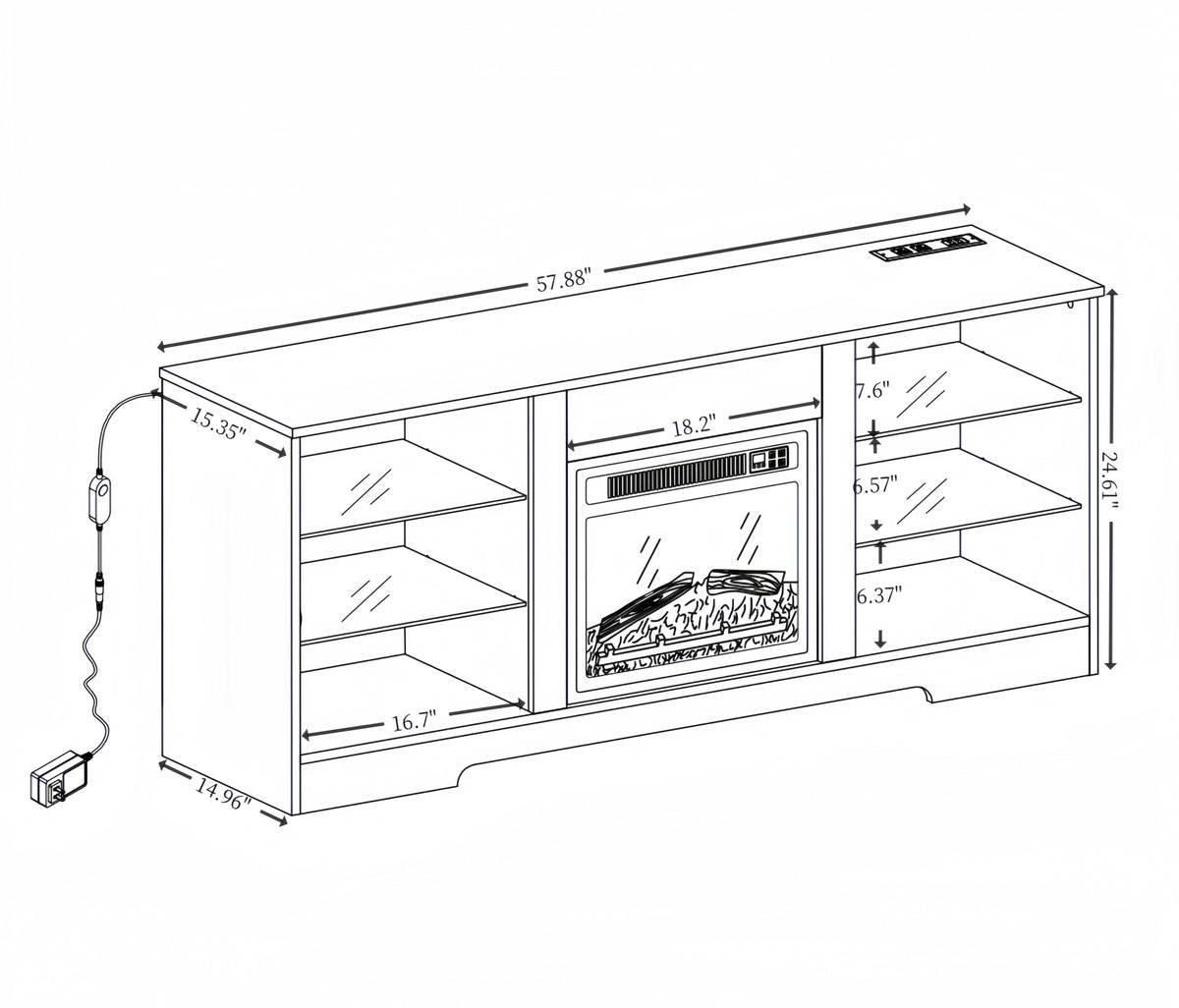 Electric fireplace TV stand with glass shelves, USB outlet, LED lighting, from Anthony & Home Studio Collection.