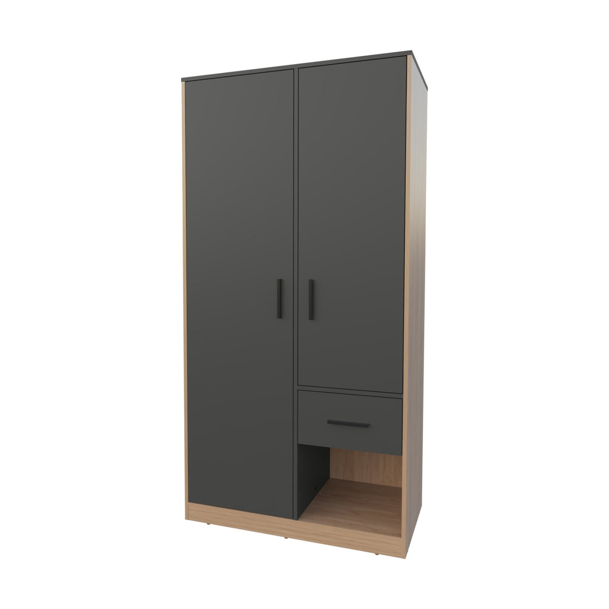 Elite Collection Lugoff wardrobe by Anthony & Home with two doors, one drawer, in oak grey melamine finish, soft-close doors.
