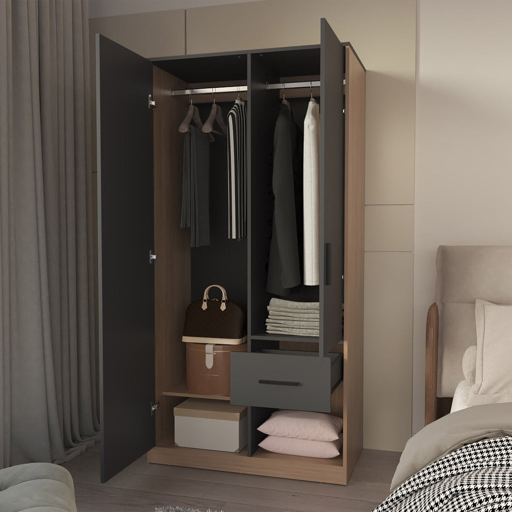 Anthony & Home Elite Collection Lugoff wardrobe with two doors, one drawer, in grey oak melamine finish and soft-close features.