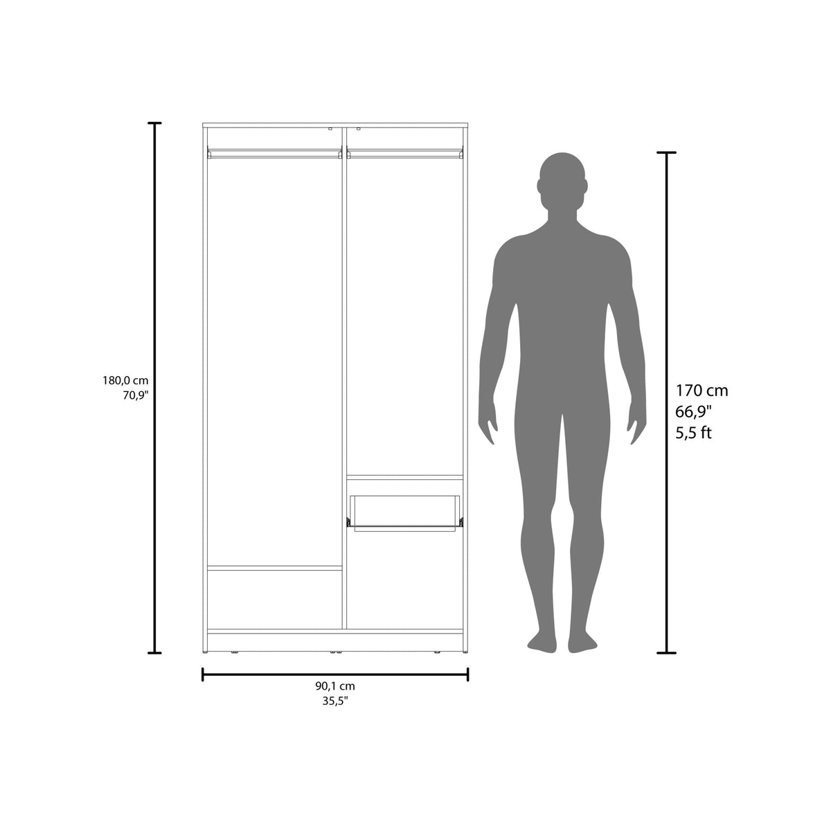 Anthony & Home Elite Collection Lugoff wardrobe with two doors, one drawer, in oak grey melamine finish, featuring soft-close hinges.