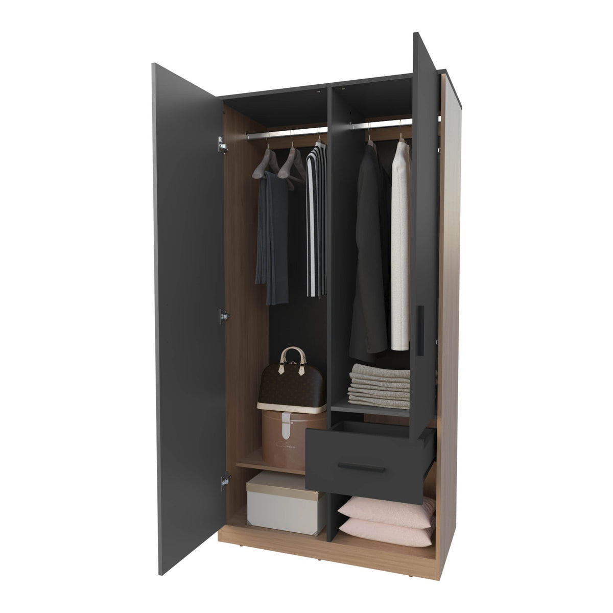 Anthony & Home Elite Collection Lugoff wardrobe with two doors, one drawer, in oak grey melamine, soft-close doors, modern storage.