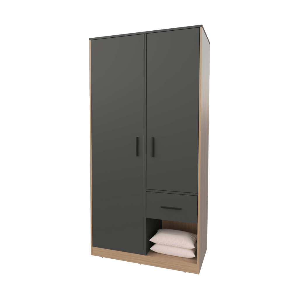 Anthony & Home Elite Collection Lugoff wardrobe in oak grey melamine with two doors, one drawer, and soft-close features.