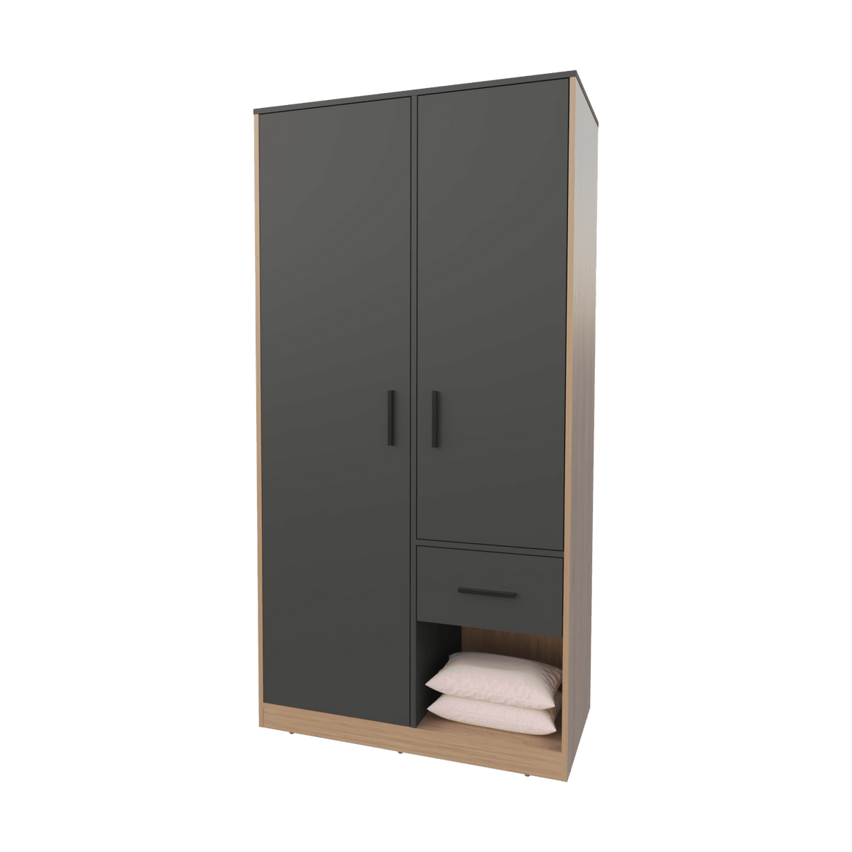 Anthony & Home Elite Collection Lugoff wardrobe in oak grey melamine with two doors, one drawer, and soft-close features.
