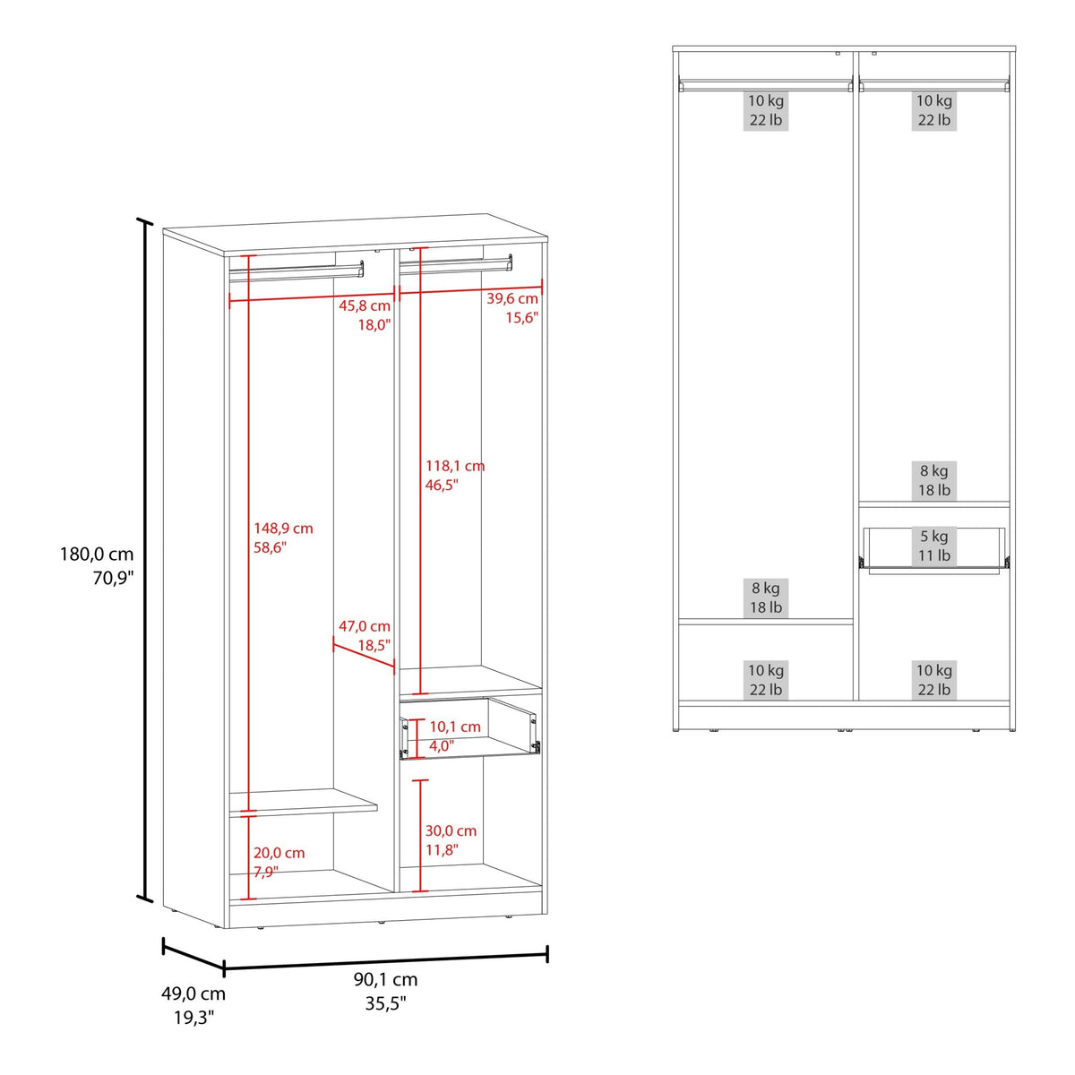 Anthony & Home Elite Collection Lugoff wardrobe with two doors, one drawer, in oak grey melamine finish, soft-close doors