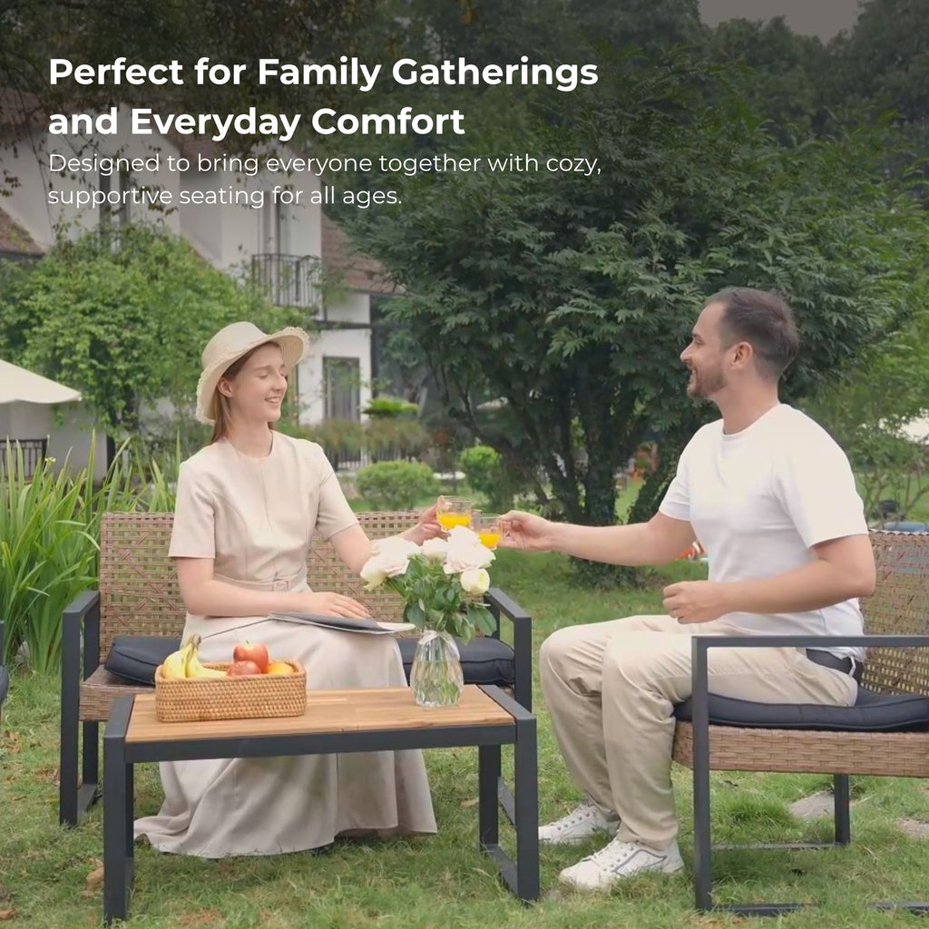 Anthony & Home Elite Collection outdoor 4-piece patio set with acacia wood table and handwoven PE rattan chairs.