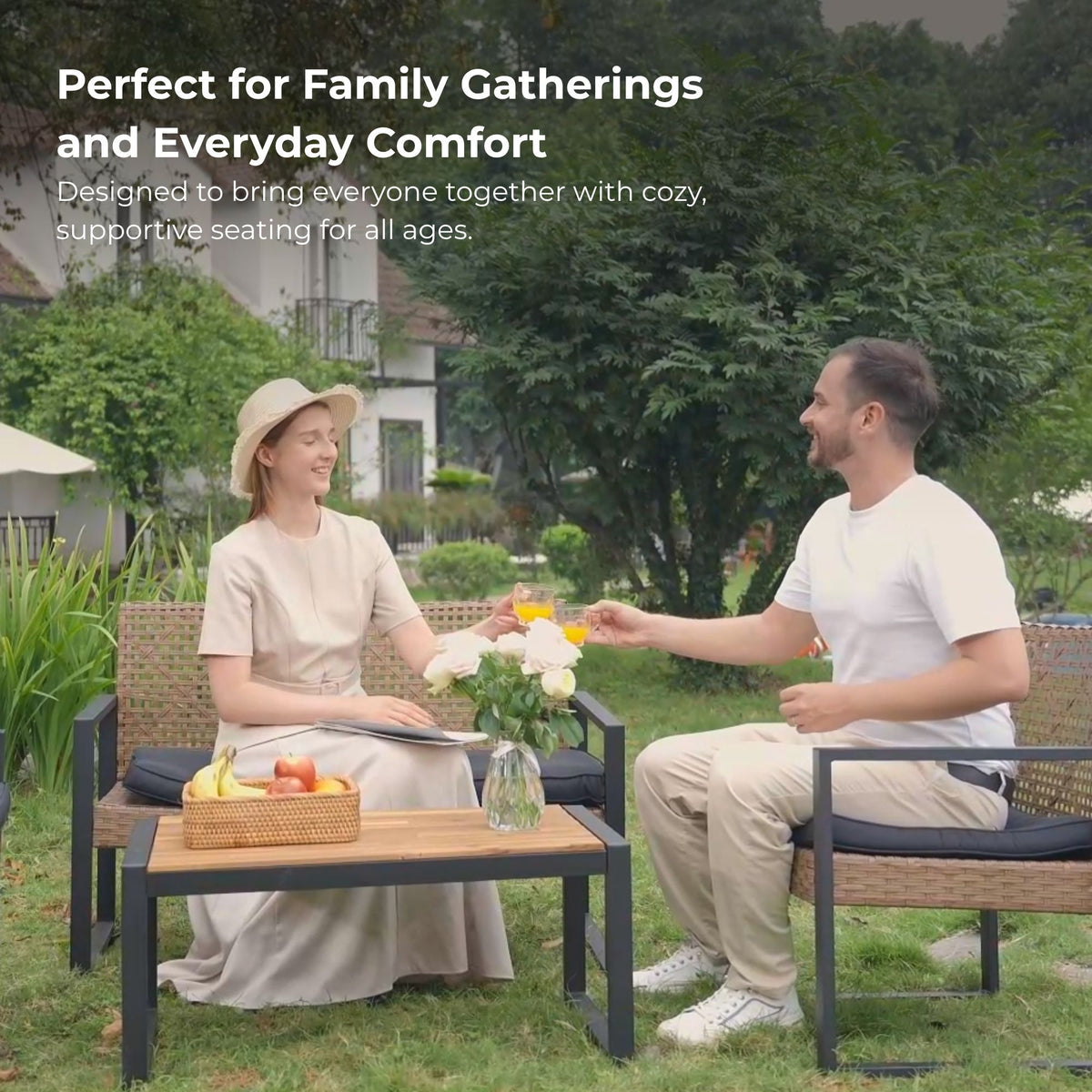 Anthony & Home Elite Collection outdoor 4-piece patio set with acacia wood table and handwoven PE rattan chairs.