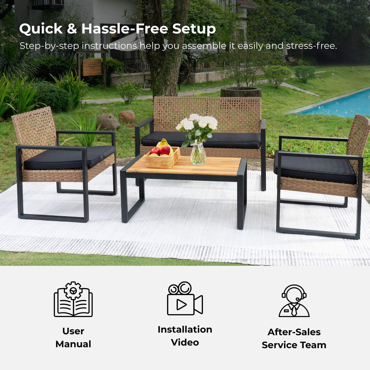 Anthony & Home Elite Collection outdoor 4-piece patio set with acacia wood table and handwoven PE rattan chairs.