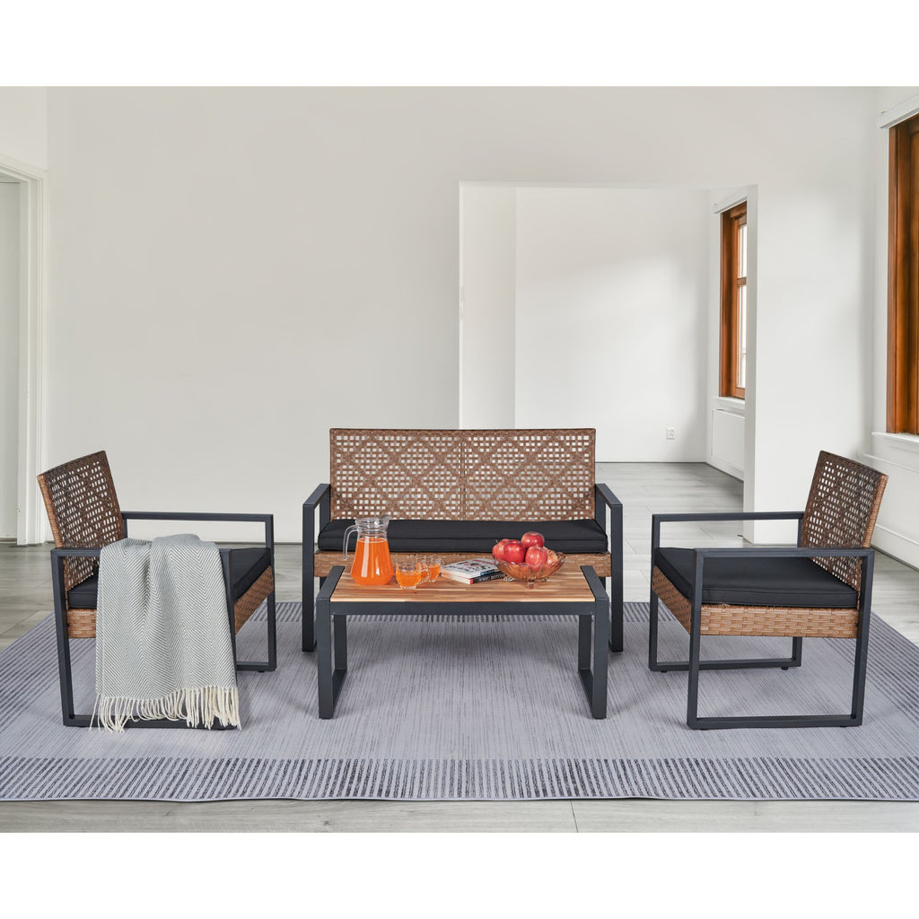 Outdoor 4-piece patio set with acacia wood table and handwoven PE rattan by Anthony & Home, perfect for outdoor dining and relaxation.