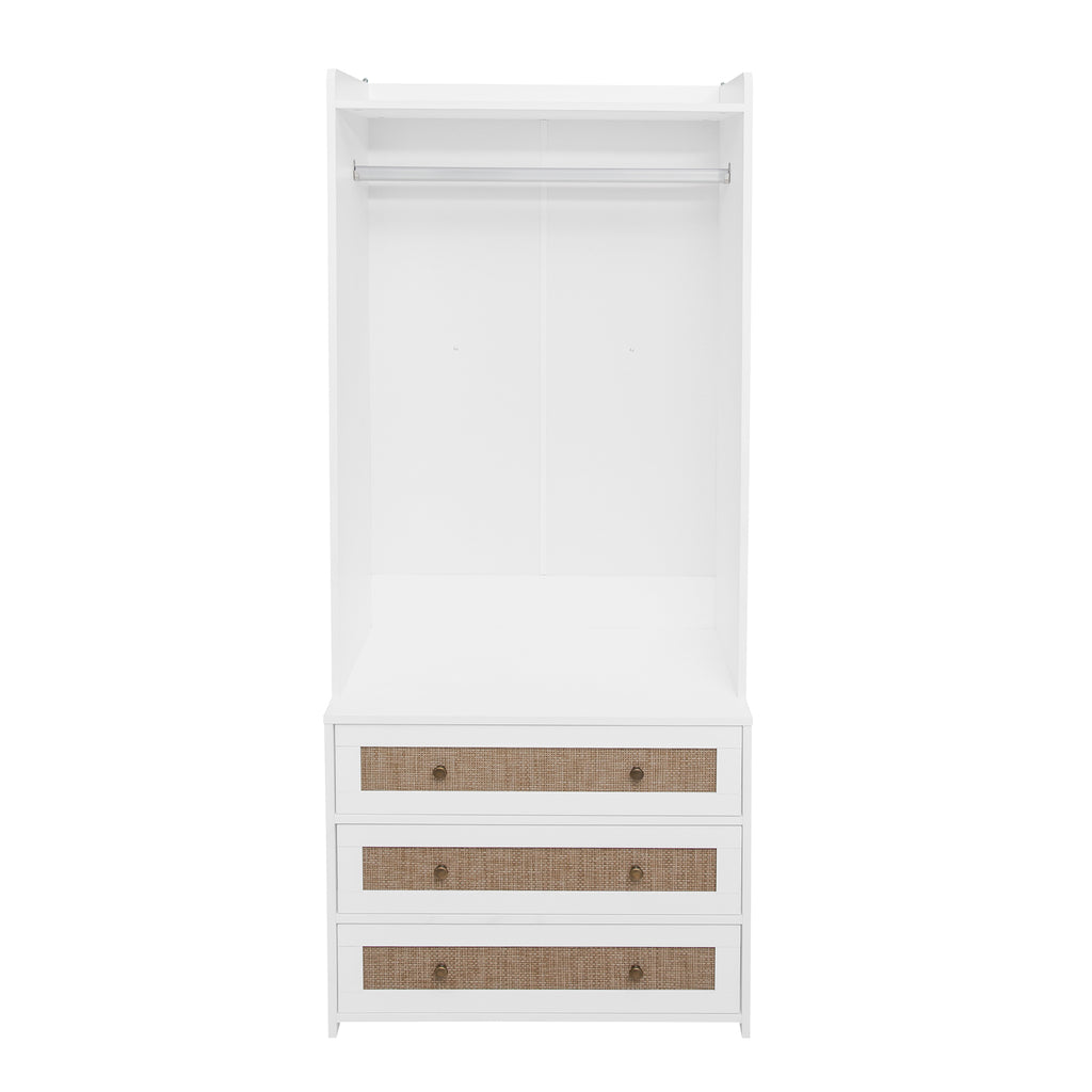 White lacquer wardrobe armoire with three drawers from Anthony & Home’s Elite Collection, featuring a refined silhouette and sleek design.