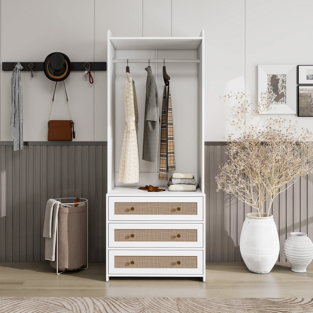 White lacquer wardrobe armoire with refined silhouette and three drawers from Anthony & Home Elite Collection.