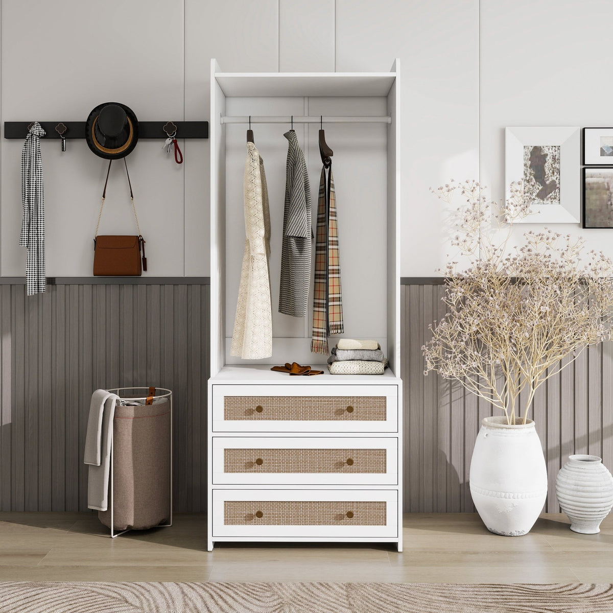 White lacquer wardrobe armoire with refined silhouette and three drawers from Anthony & Home Elite Collection.