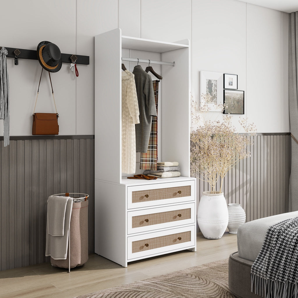White lacquer wardrobe armoire from Anthony & Home with a refined silhouette and three spacious drawers.