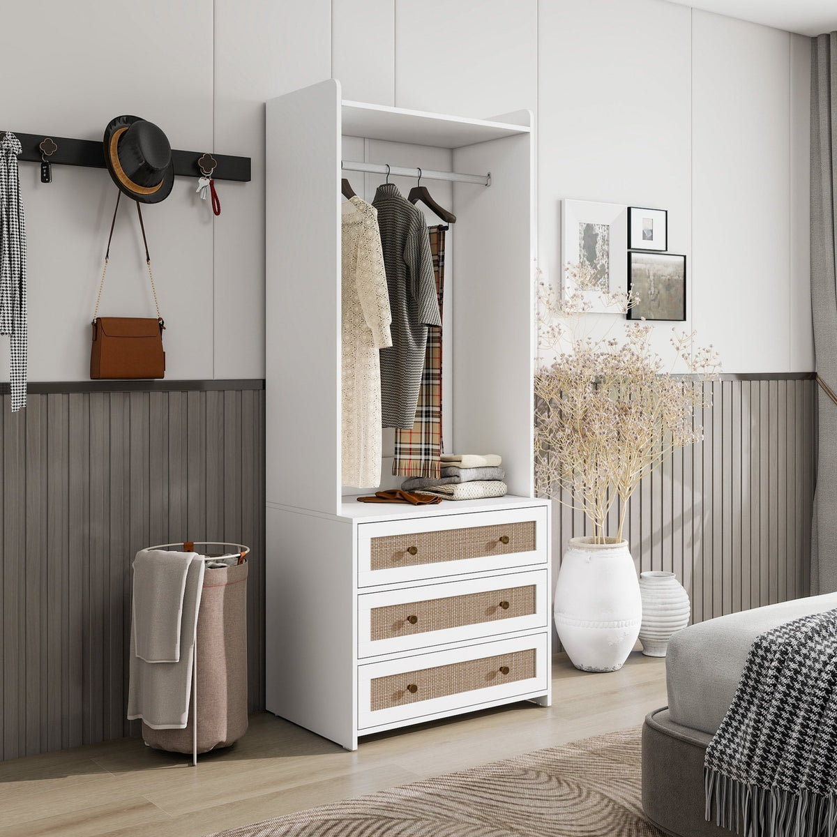 White lacquer wardrobe armoire from Anthony & Home with a refined silhouette and three spacious drawers.
