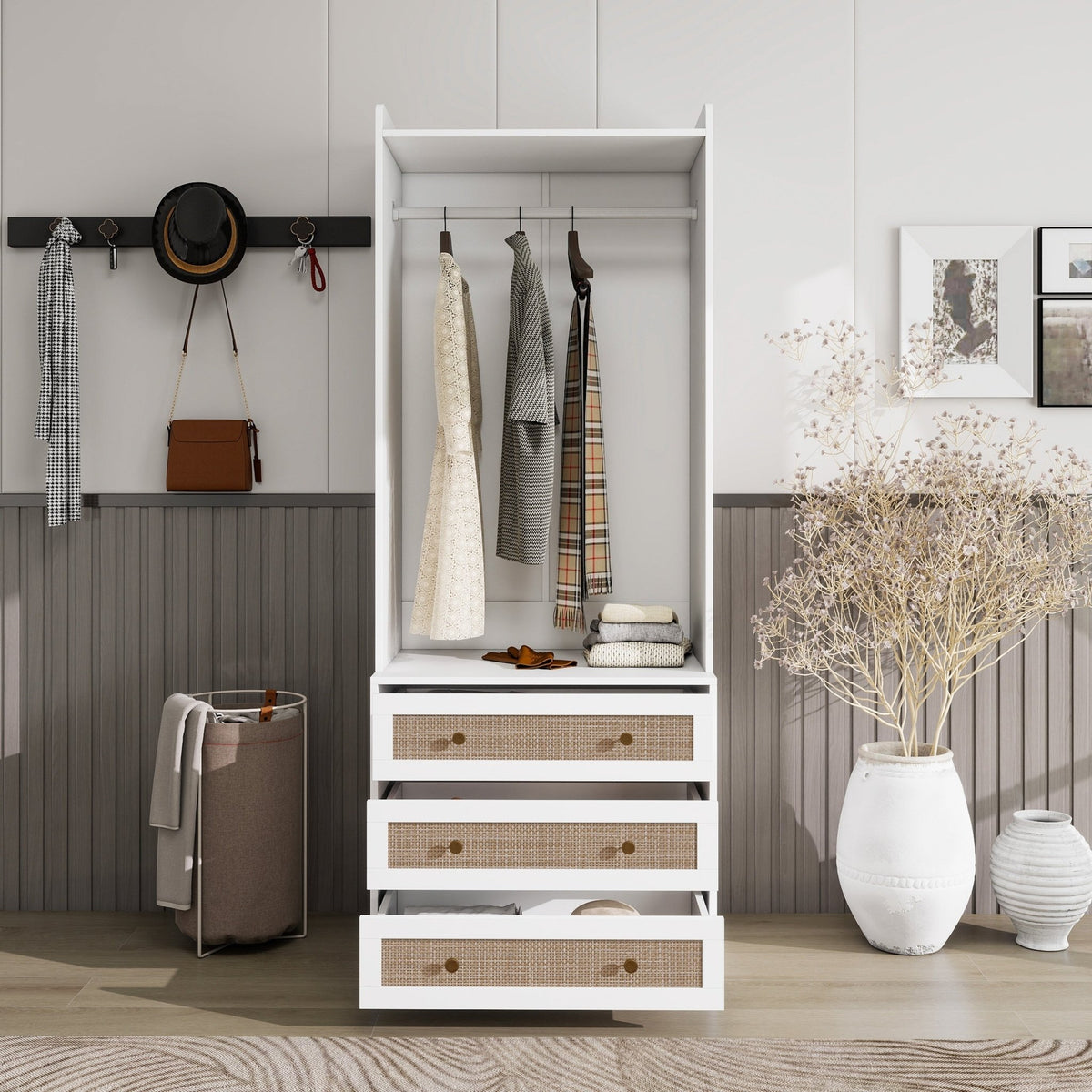 White lacquer wardrobe armoire with three drawers from Anthony & Home Elite Collection, featuring a refined silhouette and sleek design.