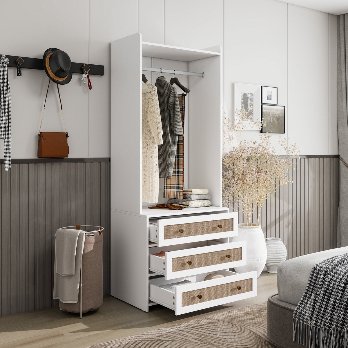 White lacquer wardrobe armoire with refined silhouette, featuring three drawers from Anthony & Home Elite Collection.