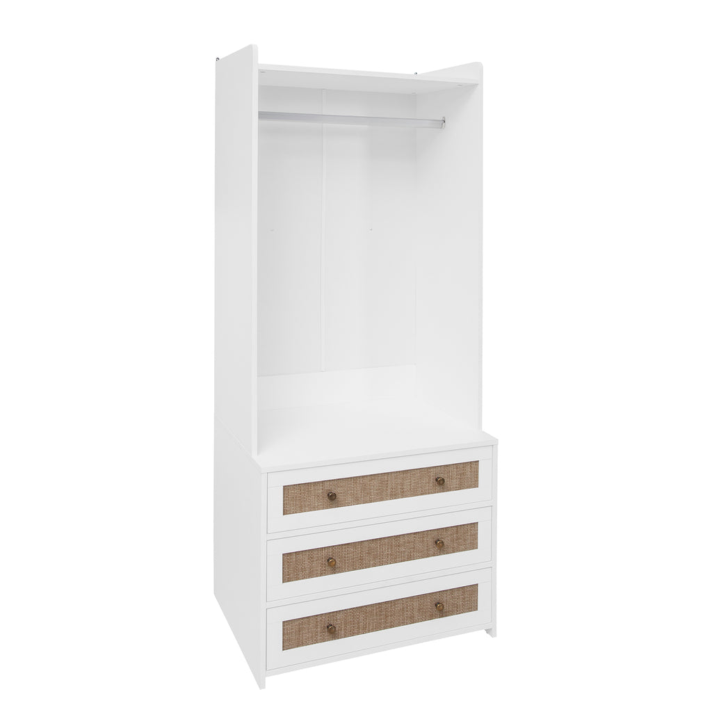 White lacquer wardrobe armoire with refined silhouette and three drawers from Anthony & Home's Elite Collection.